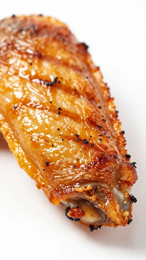Grill-marked wing tip with crispy skin, macro