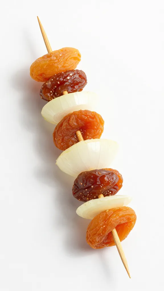 single sosatie skewer with onion and dried apricot