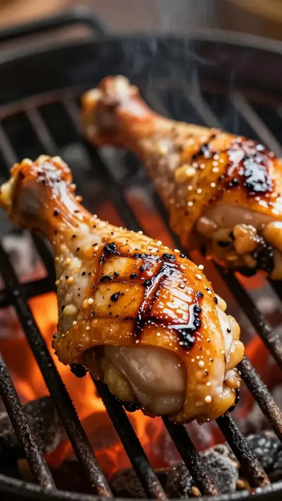 marinade-brushed chicken drumstick over glowing coals