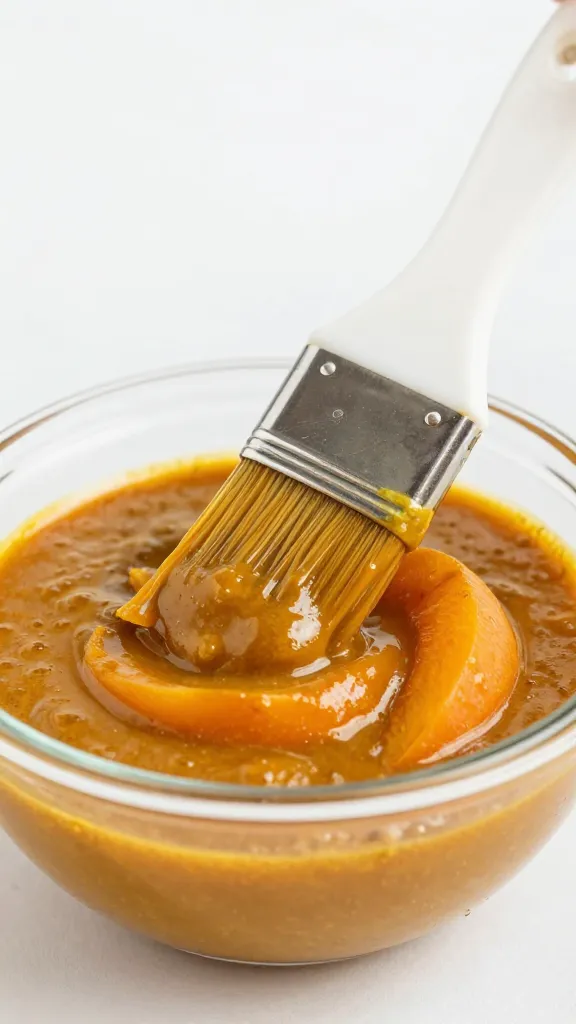 basting brush loaded with apricot curry marinade