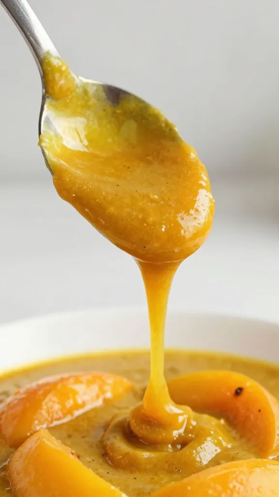 spoonful of thick apricot curry marinade dripping
