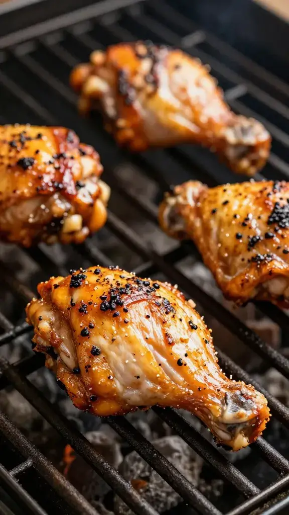 closeup of jerk-marinated chicken thigh on grill grates