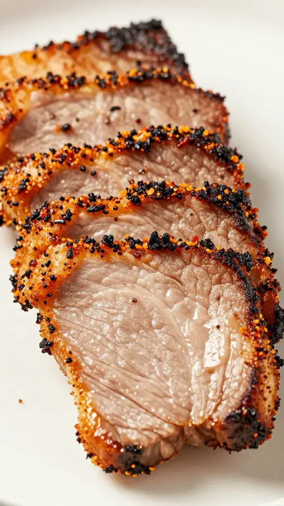 seared pork shoulder slice with jerk crust, macro
