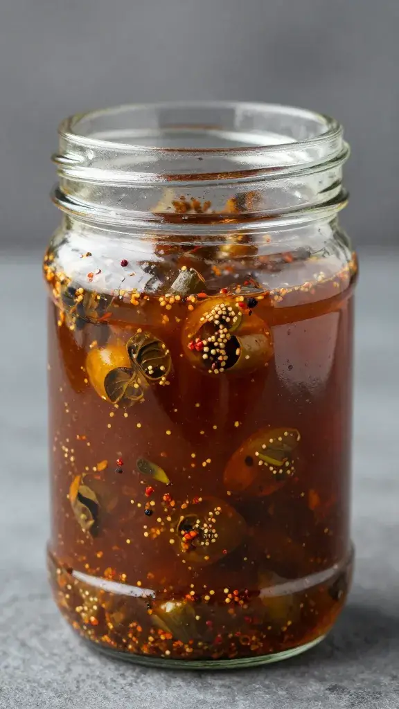 glass jar of jerk marinade with visible scotch bonnets