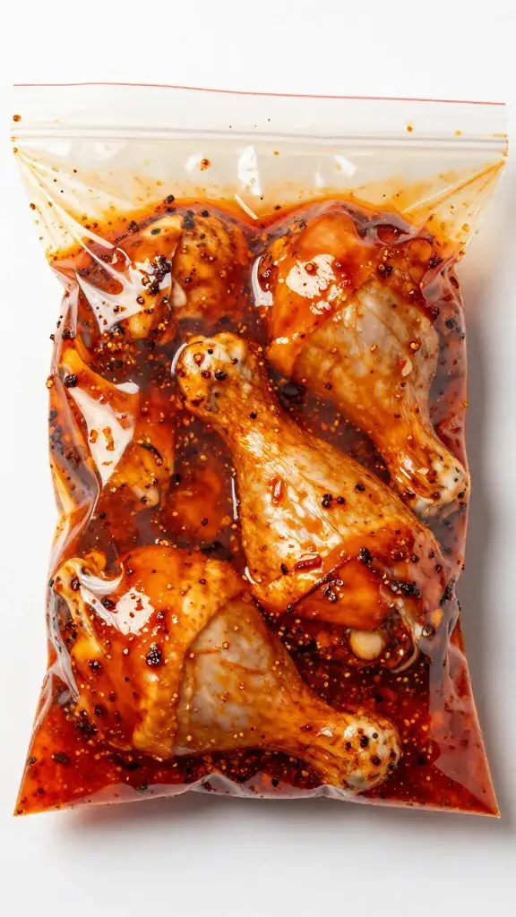 chicken thigh in zip bag with jerk marinade, top view