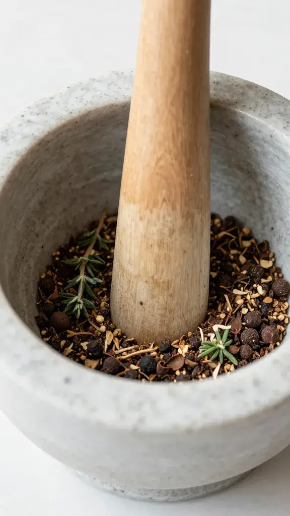 mortar with crushed allspice and thyme, tight shot