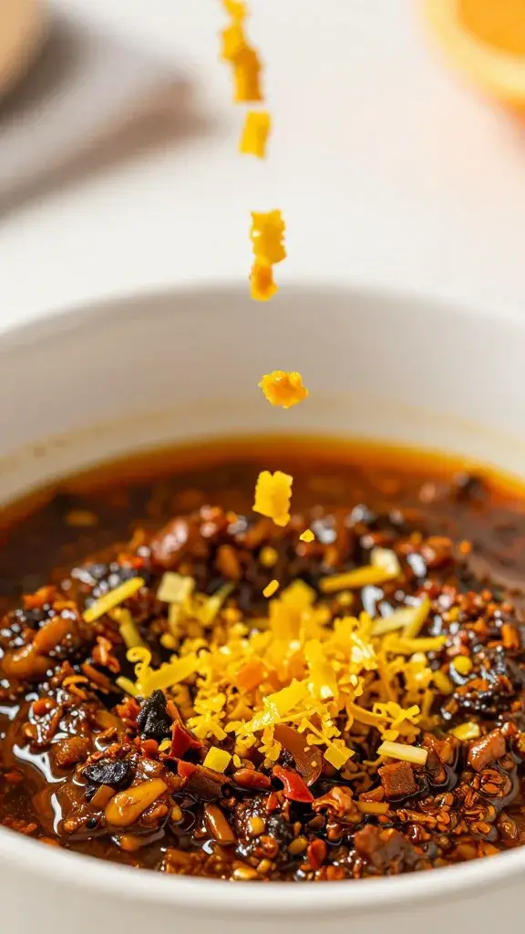 citrus zest falling into jerk marinade bowl, closeup