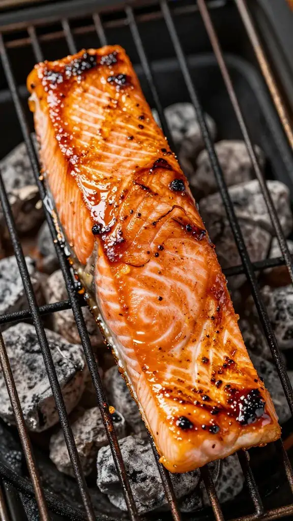 Glazed miso salmon fillet on charcoal grill grates