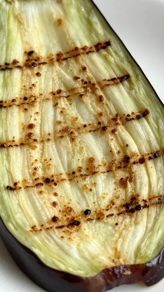 Closeup of miso-brushed eggplant slice with grill marks