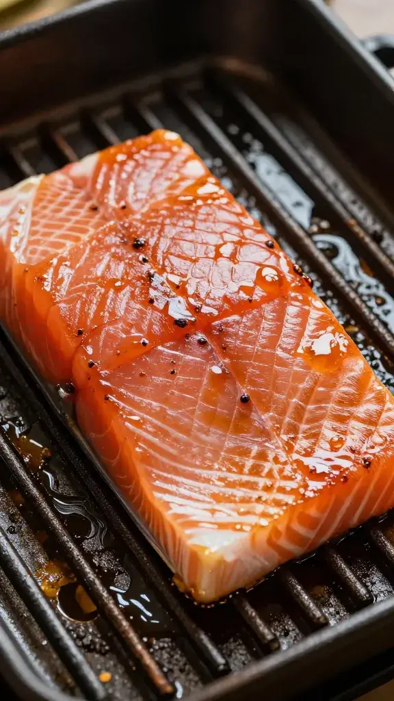 Lacquered salmon skin sizzling under broiler heat