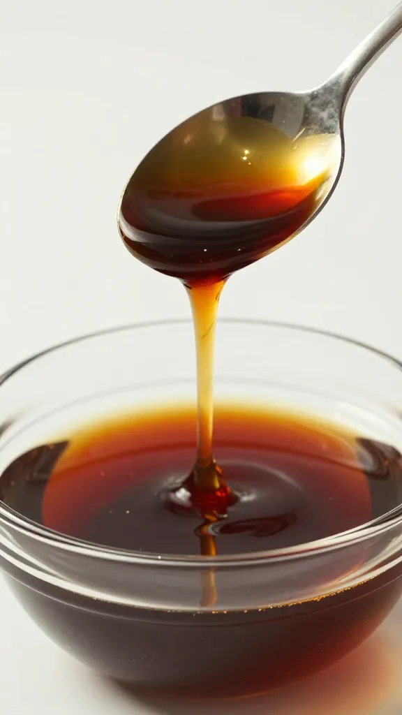 Spoon dripping miso BBQ marinade into glass bowl