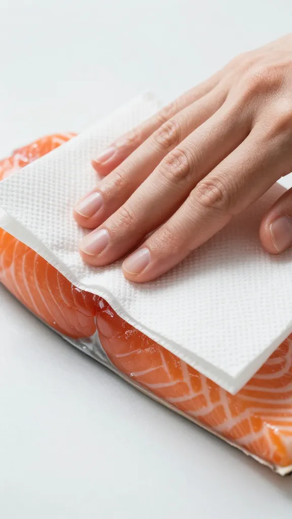 Patting salmon fillet dry with paper towel, macro