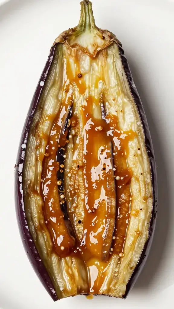 Caramelized eggplant cross-section, glossy miso glaze