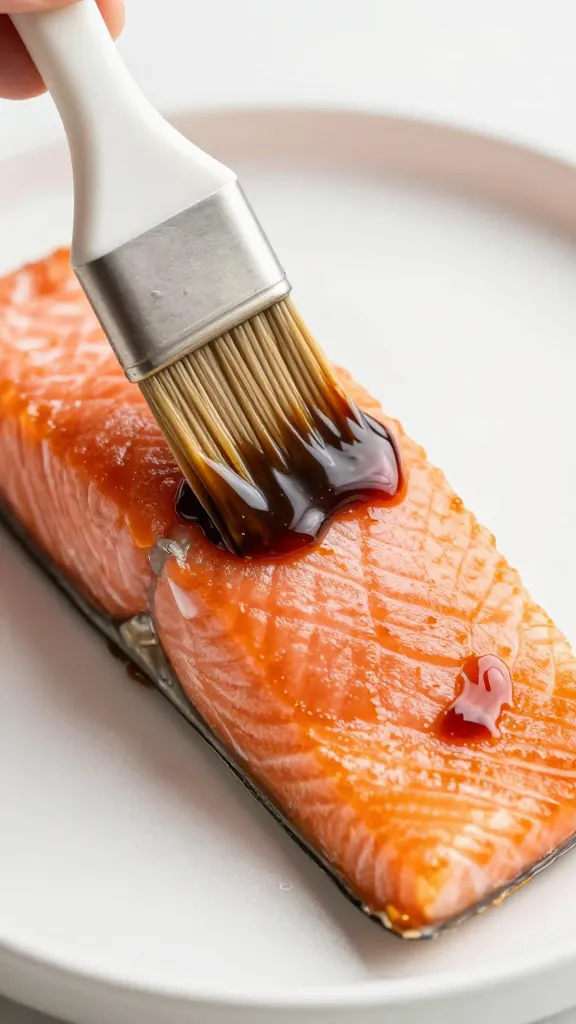Basting brush coating salmon with miso glaze, closeup
