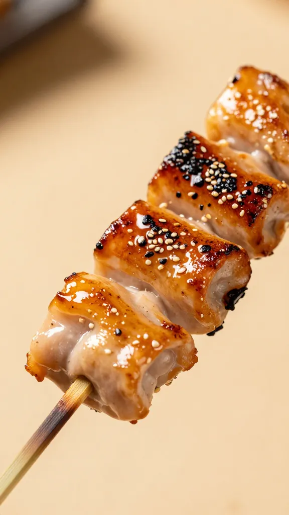 glossy yakitori skewer brushed with tare, extreme closeup