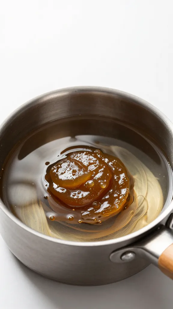 small saucepan of simmering tare, glossy surface highlights