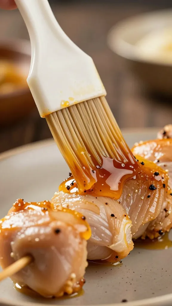 basting brush dripping tare onto chicken skewer, macro shot