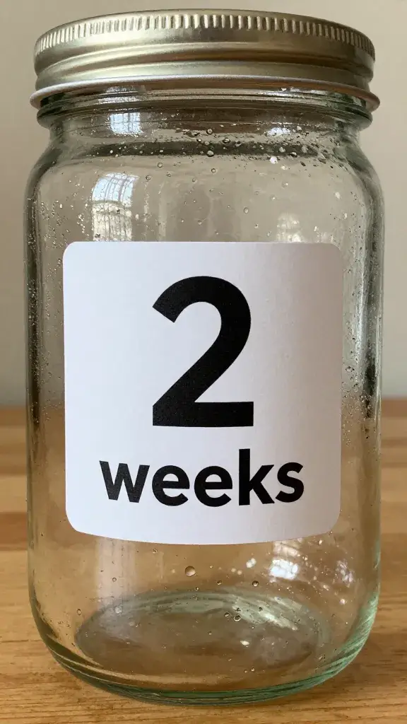 glass jar of tare labeled “2 weeks,” condensation beads