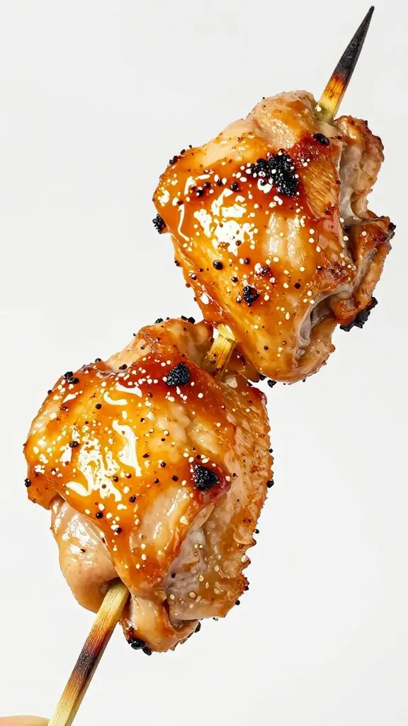 grilled chicken thigh skewer, lacquered with tare, closeup