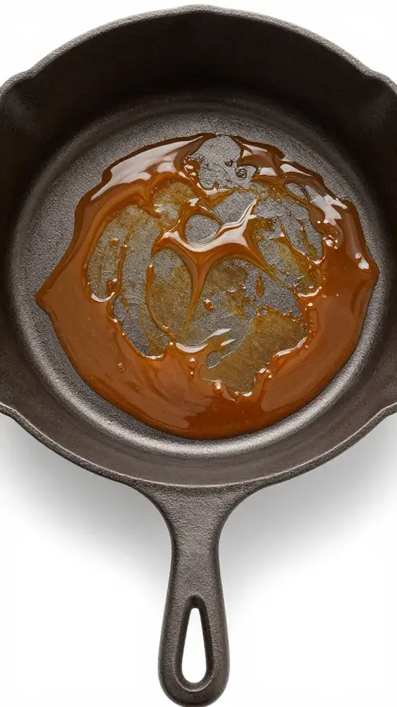 cast-iron pan with tare glaze residue, rich caramel sheen