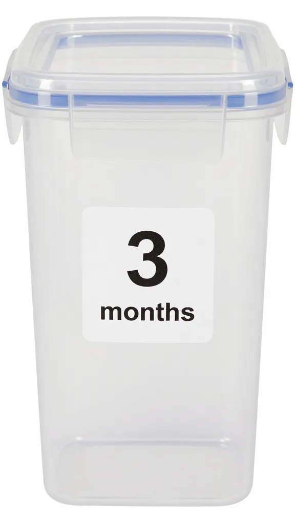 freezer-safe container of tare labeled “3 months,” top view