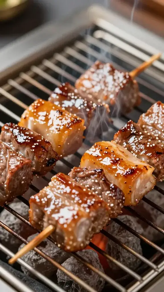 Closeup of glossy bulgogi beef skewer on charcoal grill