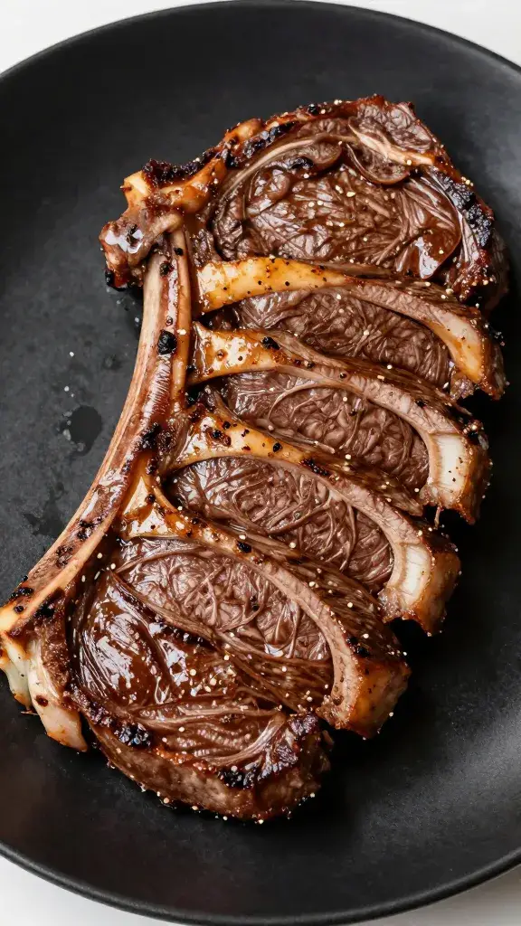 Thin-sliced ribeye coated in marinade on black plate