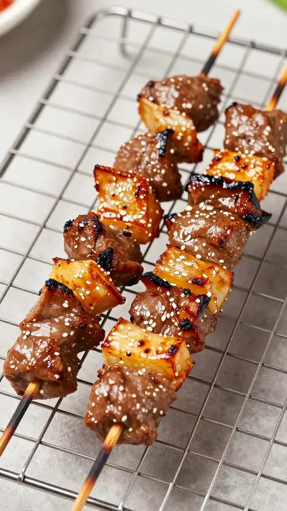 Grilled bulgogi skewer resting on wire rack