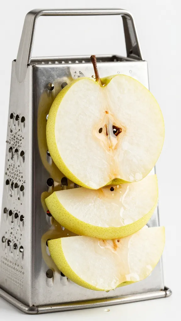 Sliced Asian pear on grater for marinade tenderizer