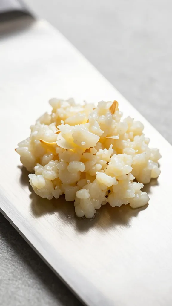 Minced garlic mound on chef’s knife blade