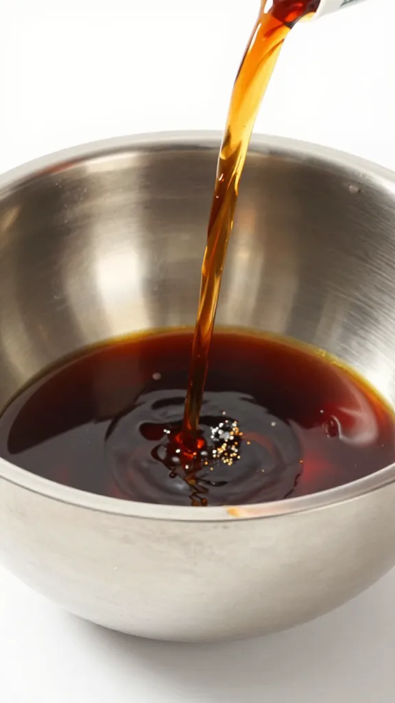 Shiny soy sauce pour into stainless mixing bowl