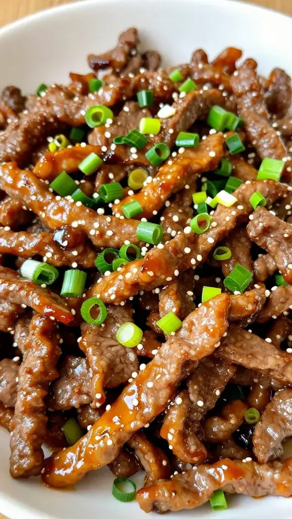 Scallion slices sprinkled over glazed bulgogi strip