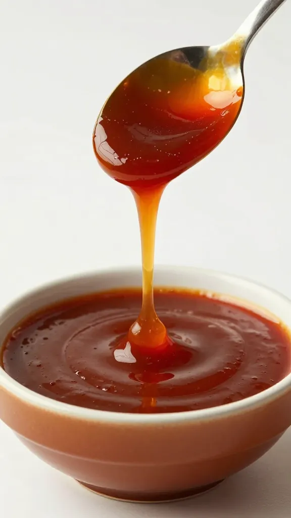 spoon dripping thick gochujang bbq sauce into bowl