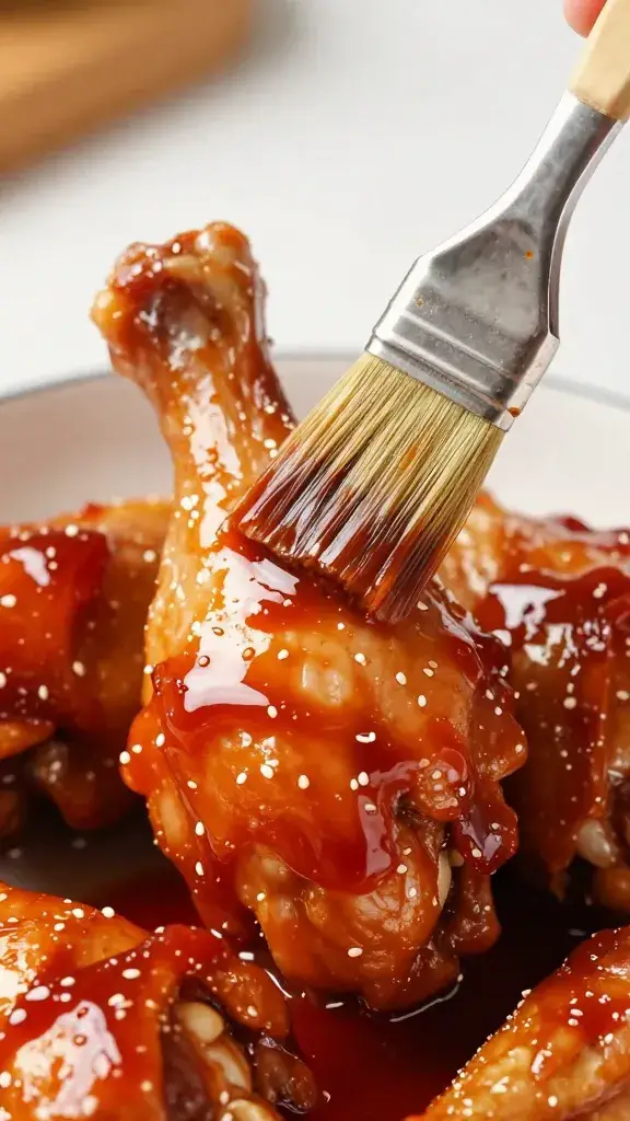 brush glazing glossy gochujang sauce on chicken drumstick