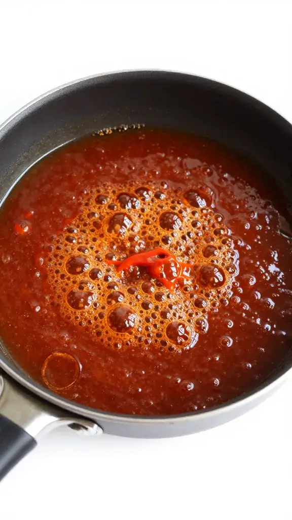 small saucepan simmering gochujang bbq sauce, bubbling surface