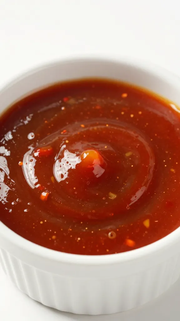 white ramekin of gochujang bbq sauce with visible chili flecks