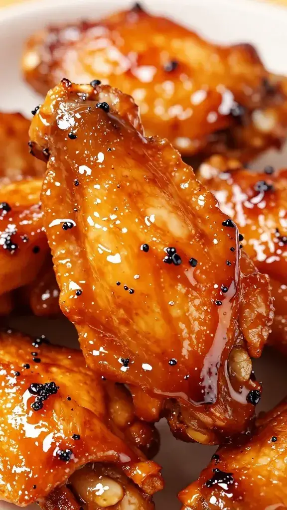 grilled chicken wing tip with sticky gochujang glaze closeup