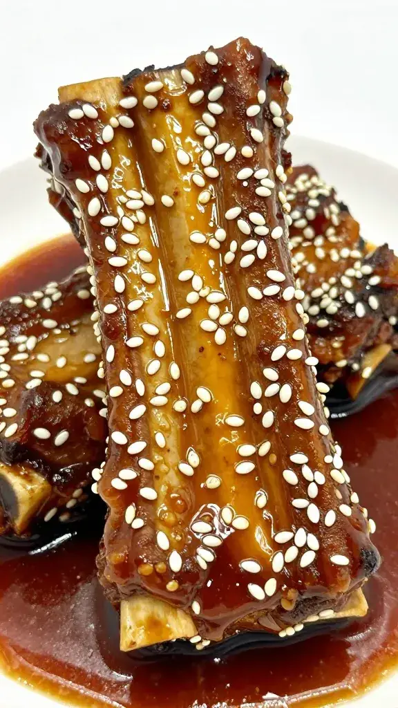 single sesame-topped short rib bone with glossy sauce closeup