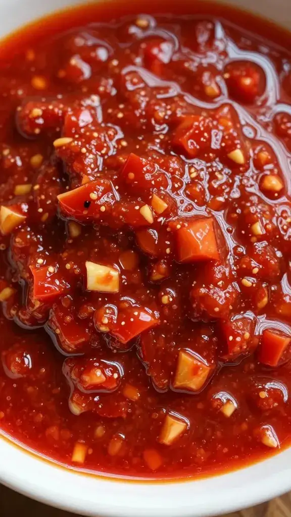 closeup bowl of red chimichurri rojo, glossy surface