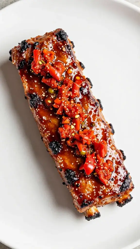 single grilled pork rib glazed with red chimichurri