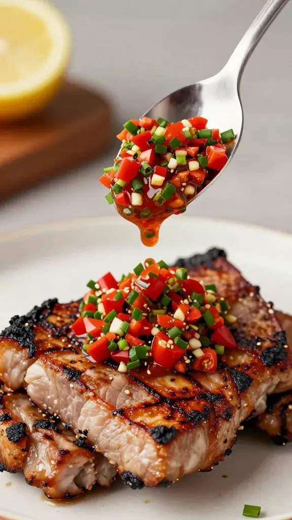 spoon dripping red chimichurri onto charred pork chop