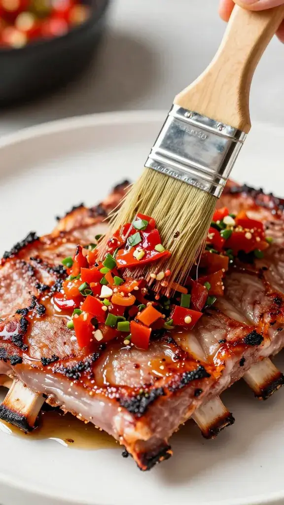 brush painting red chimichurri on sizzling pork rib