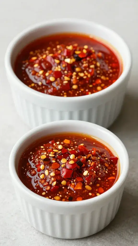 marble ramekin of red chimichurri with visible chili flakes