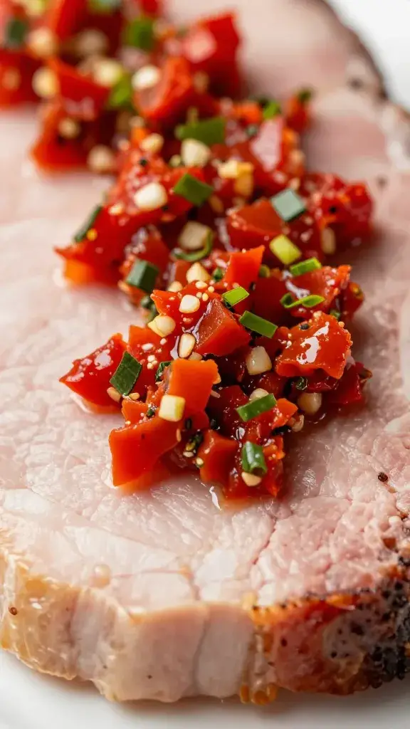 closeup pork shoulder slice topped with red chimichurri