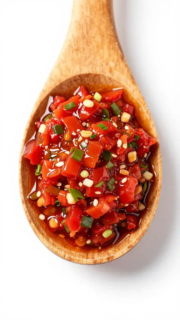 wooden spoon mounded with red chimichurri, oil shimmering