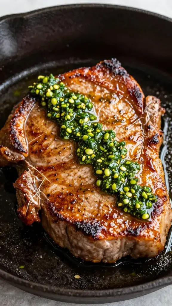 cast-iron seared pork chop with chimichurri sheen