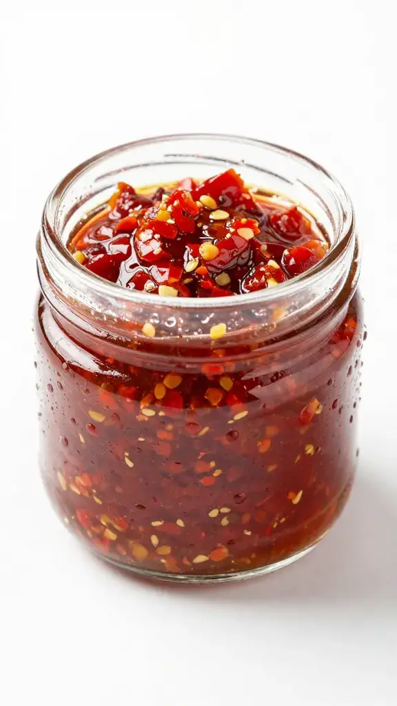 small glass jar of red chimichurri, condensation beading