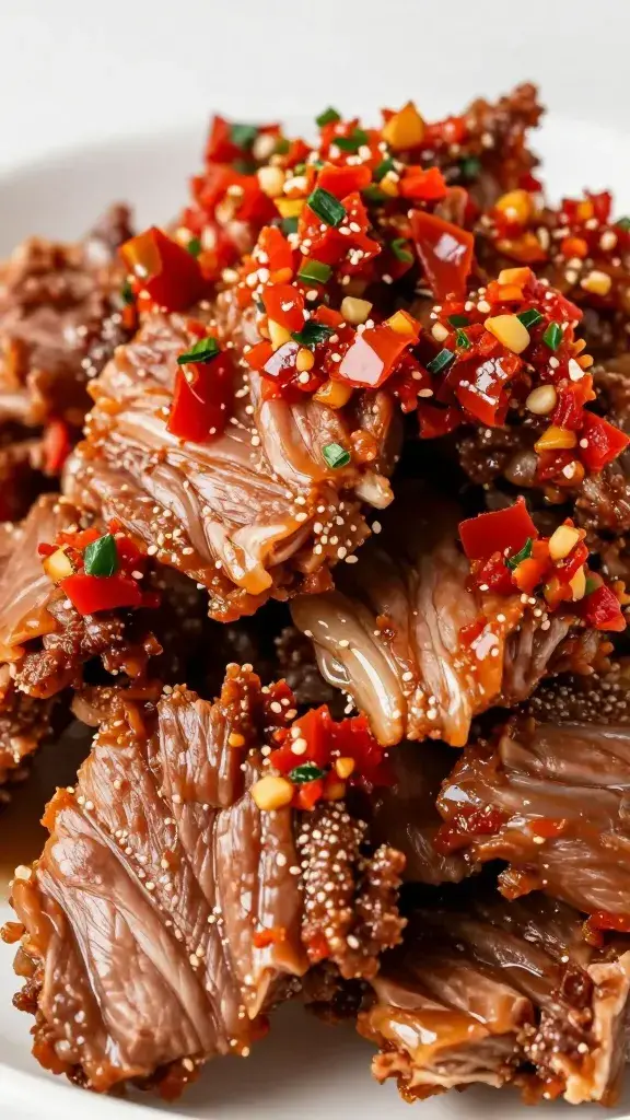 closeup pulled pork mound crowned with red chimichurri