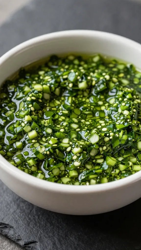 closeup bowl of Argentinian chimichurri on dark slate