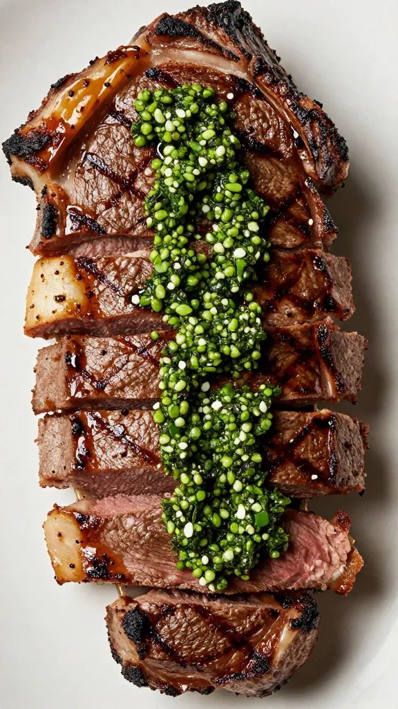 sliced grilled ribeye with chimichurri drizzle, overhead closeup